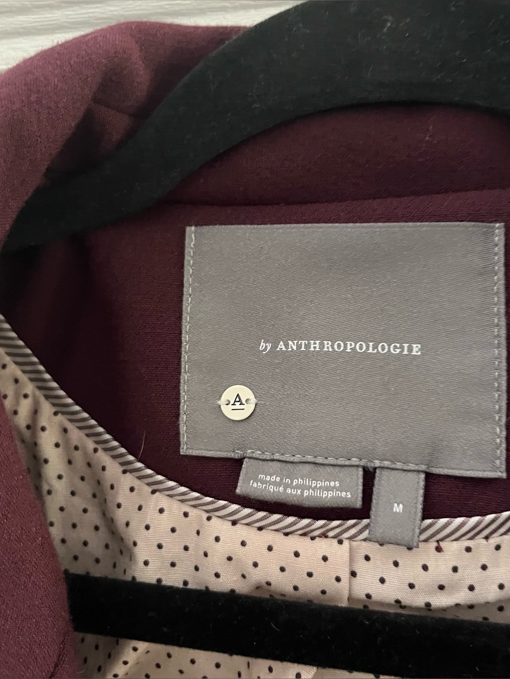 Anthropologie Plum Tailored Jacket Polka Lining Collared One Button Closure
